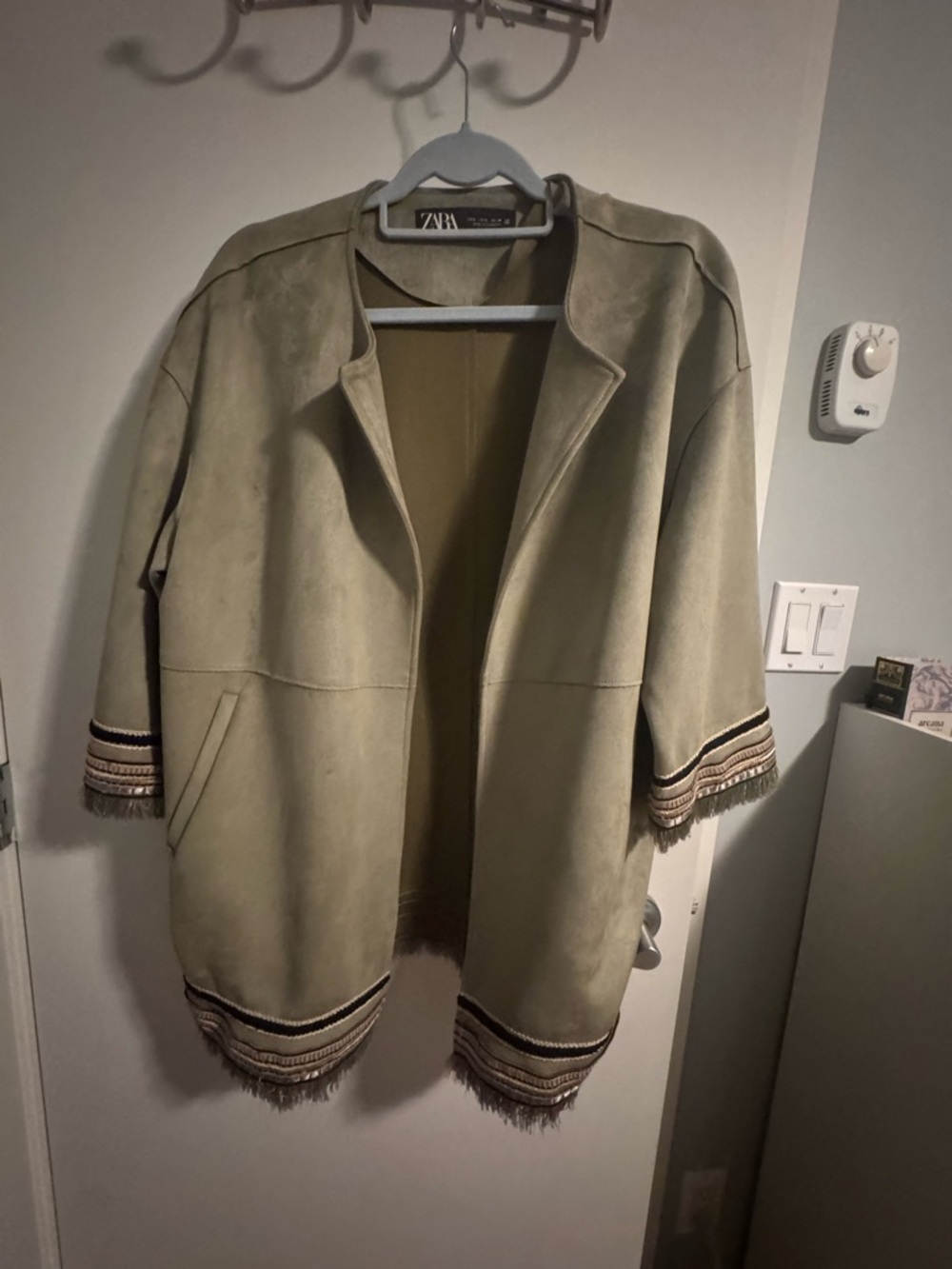 Zara Olive Sueded Fringe-Trim Open Coat
